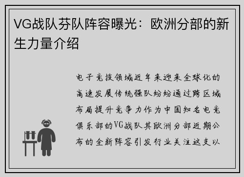 VG战队芬队阵容曝光：欧洲分部的新生力量介绍